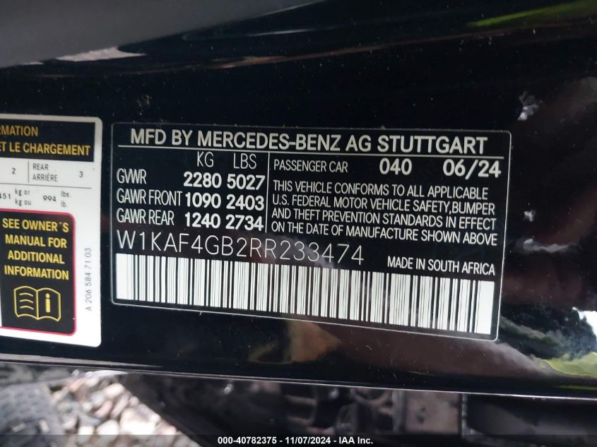 2024 Mercedes-Benz C 300 VIN: W1KAF4GB2RR233474 Lot: 40782375