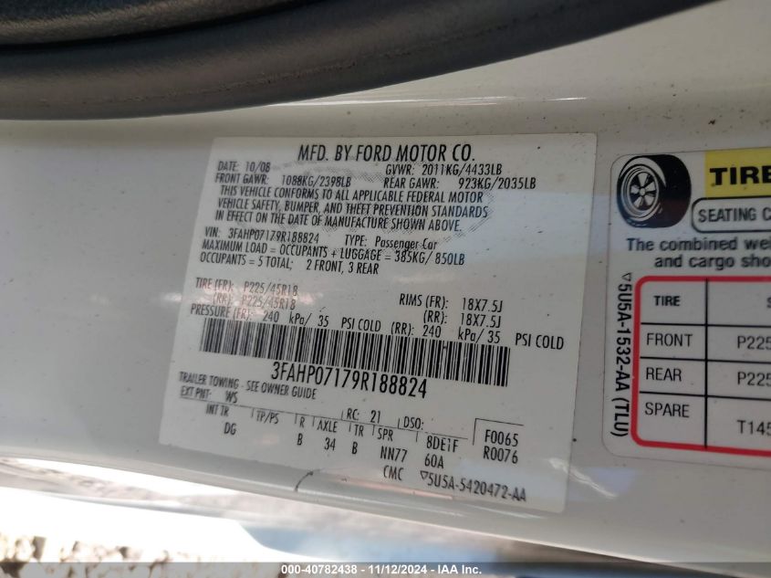 2009 Ford Fusion Se VIN: 3FAHP07179R188824 Lot: 40782438