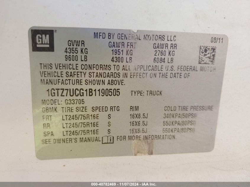 2011 GMC Savana 3500 Work Van VIN: 1GTZ7UCG1B1190505 Lot: 40782469