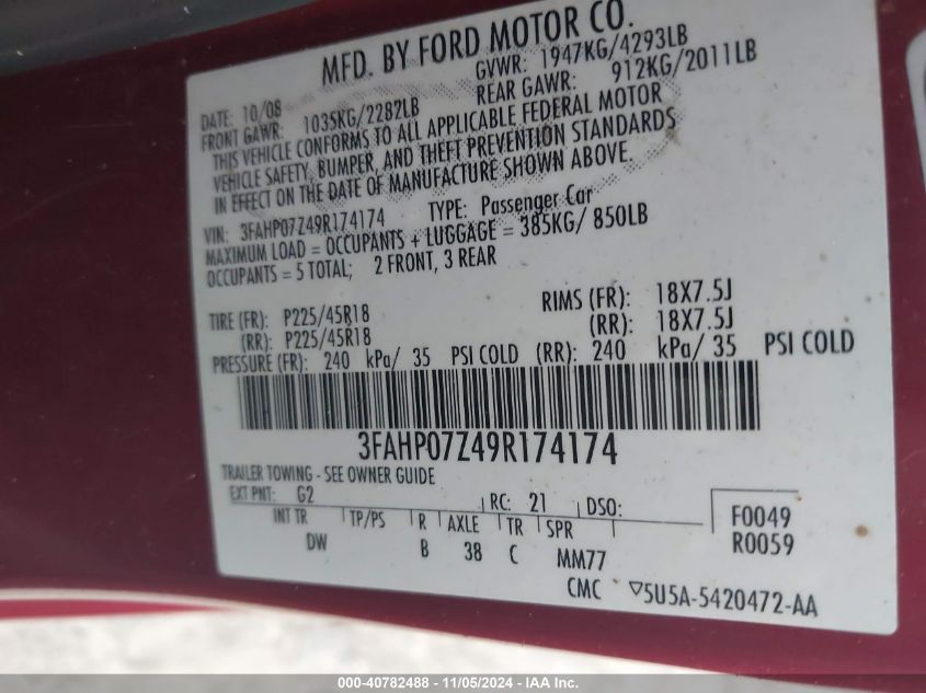 2009 Ford Fusion Se VIN: 3FAHP07Z49R174174 Lot: 40782488