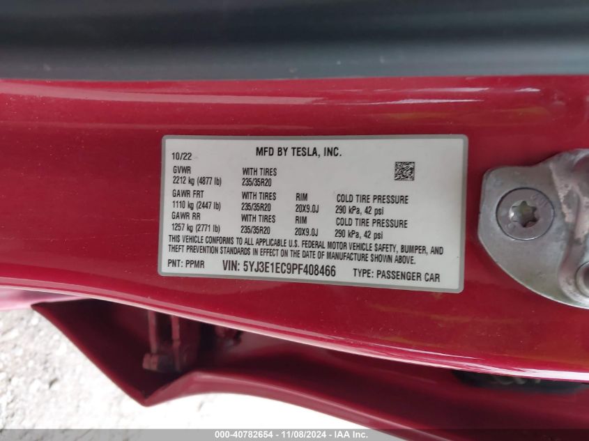 2023 Tesla Model 3 Performance Dual Motor All-Wheel Drive VIN: 5YJ3E1EC9PF408466 Lot: 40782654