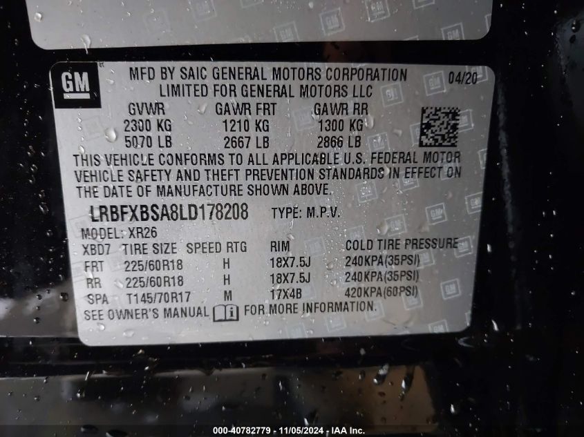 2020 Buick Envision Fwd Preferred VIN: LRBFXBSA8LD178208 Lot: 40782779