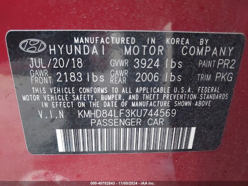 2019 Hyundai Elantra Sel VIN: KMHD84LF3KU744569 Lot: 40782843