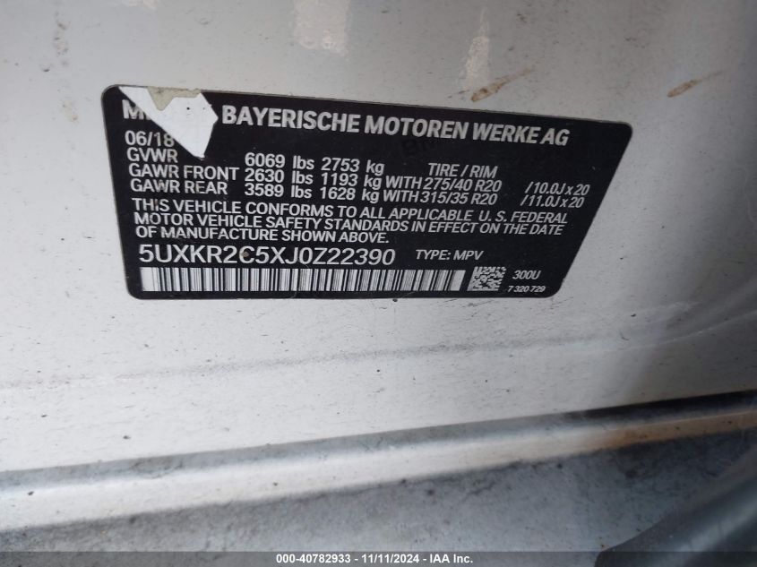 VIN 5UXKR2C5XJ0Z22390 2018 BMW X5, Sdrive35I no.9