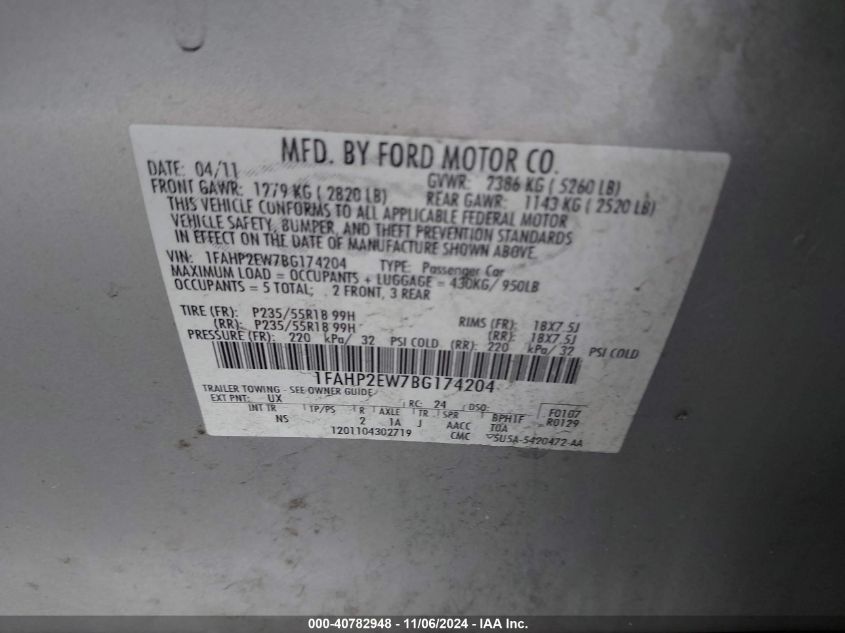 2011 Ford Taurus Sel VIN: 1FAHP2EW7BG174204 Lot: 40782948