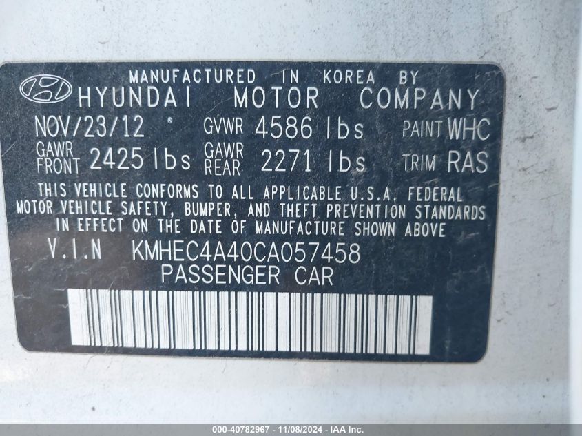 2012 Hyundai Sonata Hybrid VIN: KMHEC4A40CA057458 Lot: 40782967