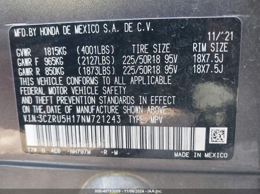 VIN 3CZRU5H17NM721243 2022 HONDA HR-V no.9