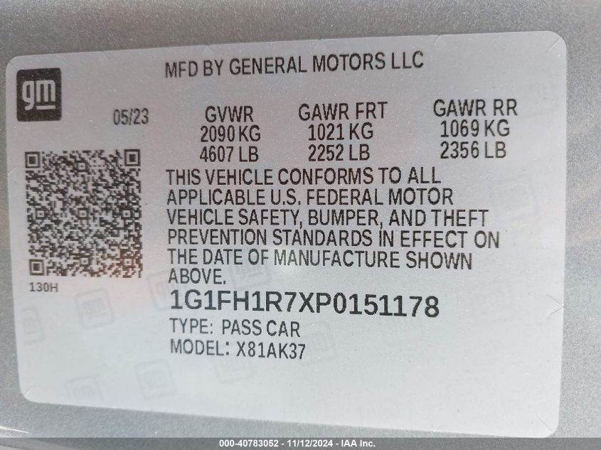 2023 Chevrolet Camaro Rwd 2Ss VIN: 1G1FH1R7XP0151178 Lot: 40783052