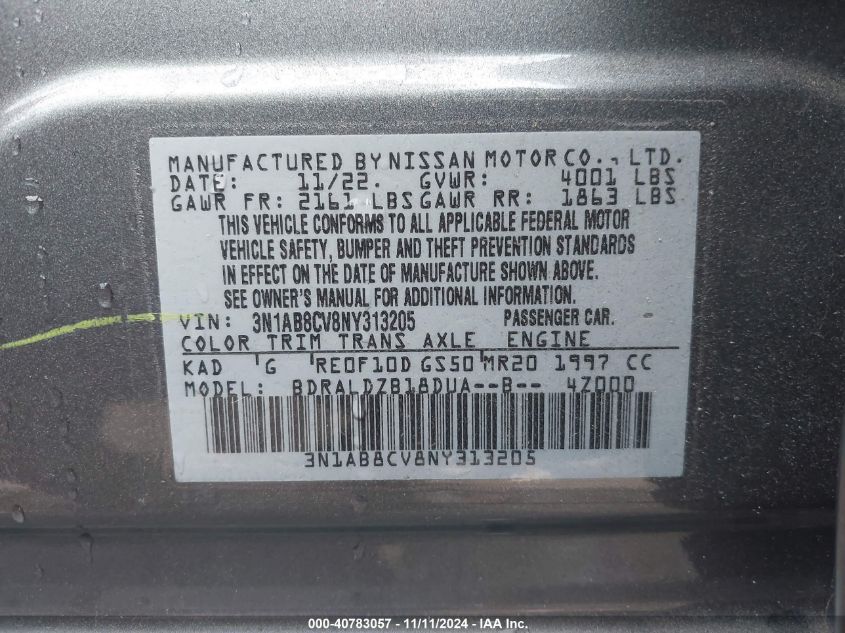 2022 Nissan Sentra Sv Xtronic Cvt VIN: 3N1AB8CV8NY313205 Lot: 40783057