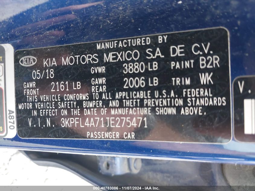 2018 KIA FORTE VIN: 3KPFL4A71JE275471