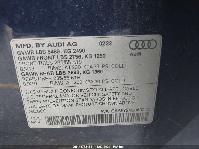 2022 Audi Q5 Premium 45 Tfsi S Line Quattro S Tronic VIN: WA1GAAFY2N2069213 Lot: 40783151