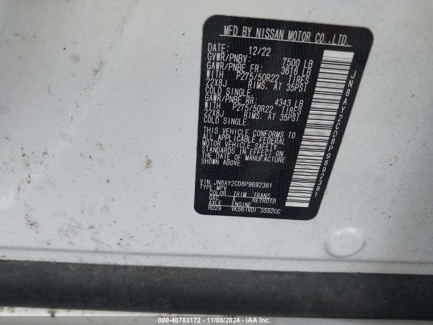 2023 Nissan Armada Platinum 4Wd VIN: JN8AY2CD8P9692381 Lot: 40783172