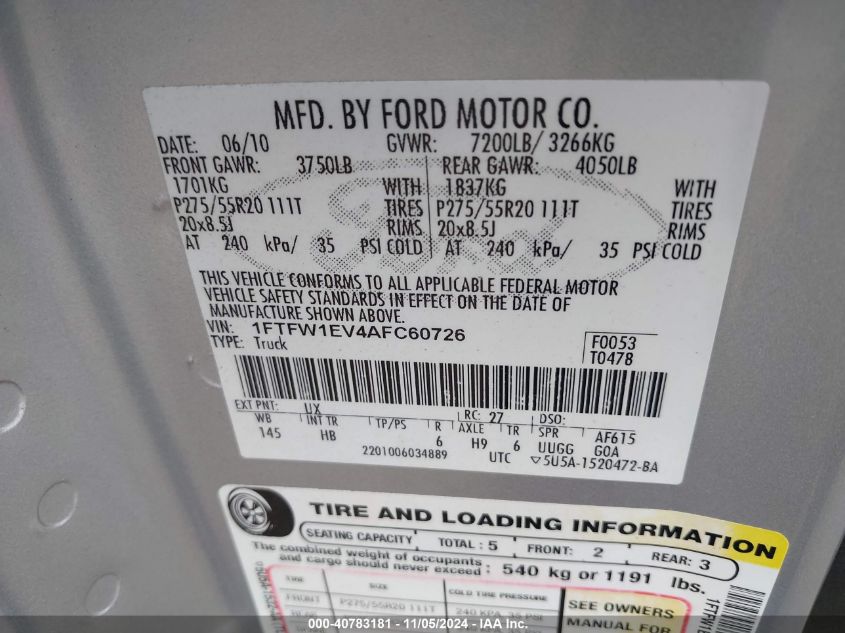 2010 Ford F-150 Fx4/Harley-Davidson/King Ranch/Lariat/Platinum/Xl/Xlt VIN: 1FTFW1EV4AFC60726 Lot: 40783181