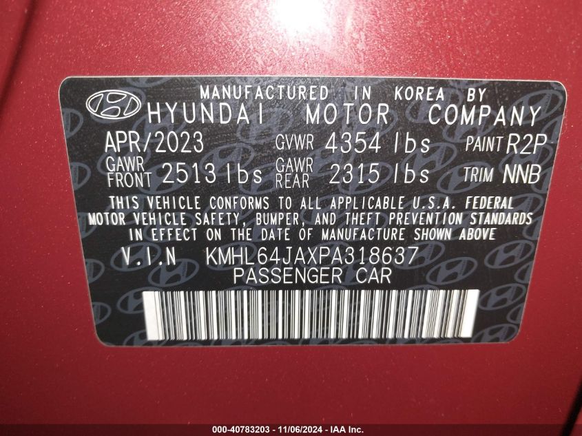 2023 Hyundai Sonata Sel VIN: KMHL64JAXPA318637 Lot: 40783203