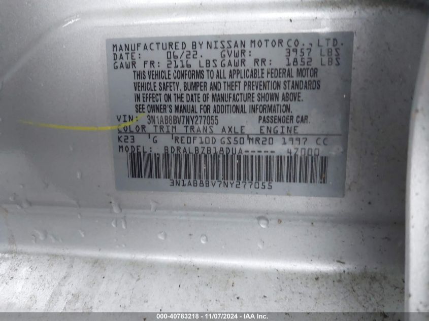 2022 Nissan Sentra S Xtronic Cvt VIN: 3N1AB8BV7NY277055 Lot: 40783218