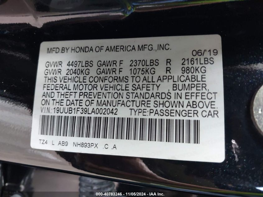 2020 Acura Tlx Standard VIN: 19UUB1F39LA002042 Lot: 40783246