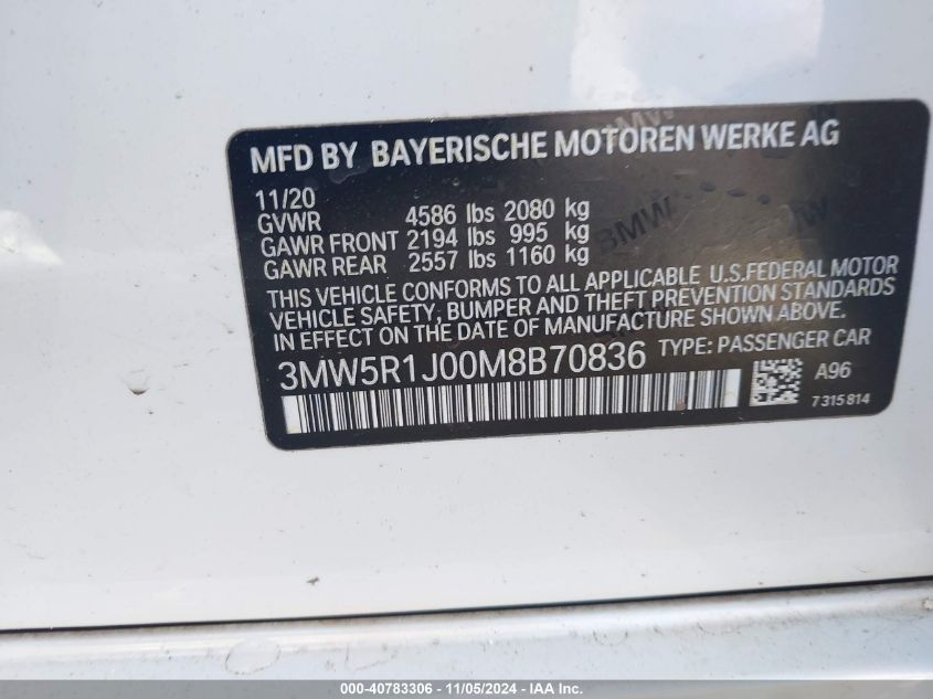 2021 BMW 330I VIN: 3MW5R1J00M8B70836 Lot: 40783306