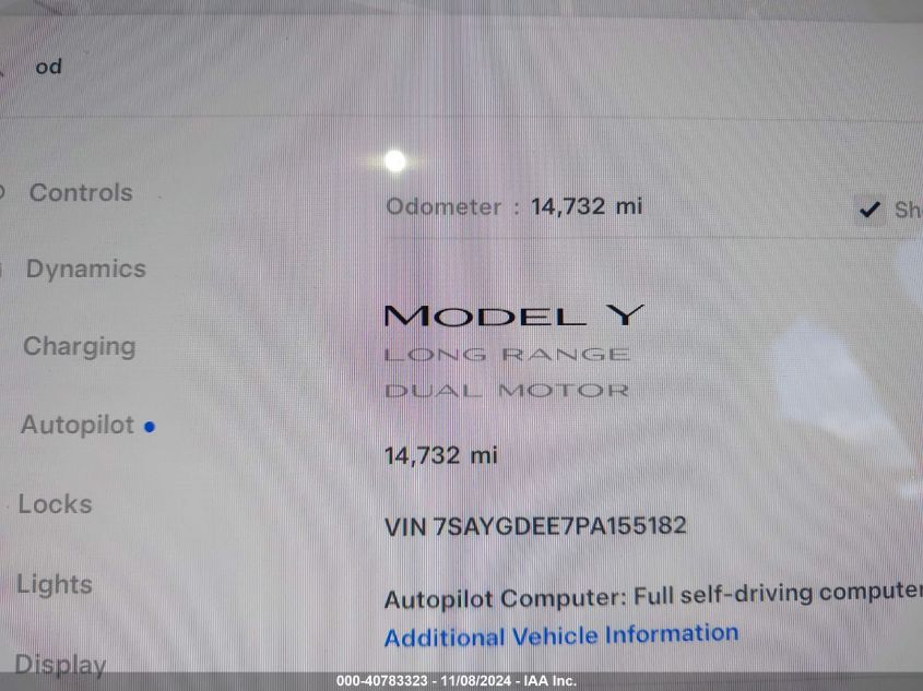 2023 Tesla Model Y Awd/Long Range Dual Motor All-Wheel Drive VIN: 7SAYGDEE7PA155182 Lot: 40783323