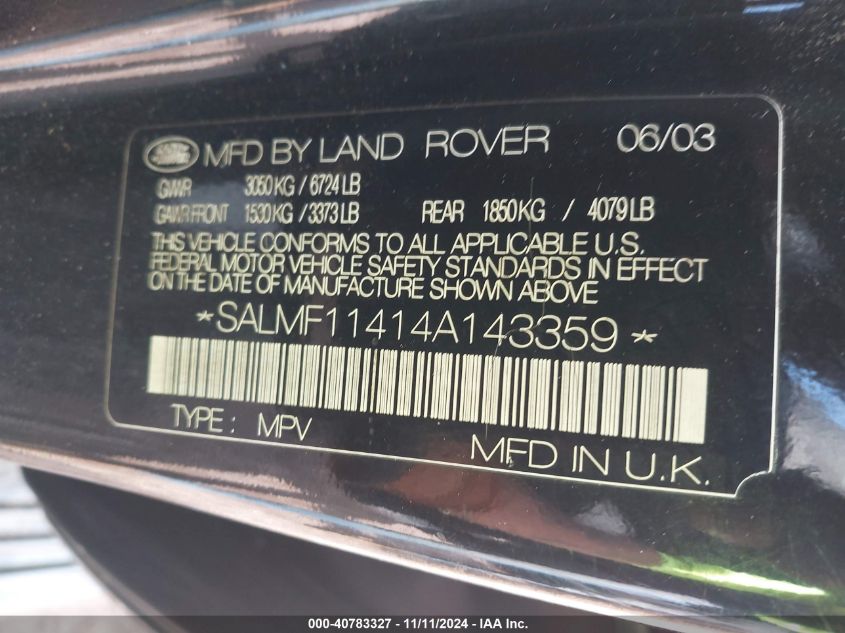 2004 Land Rover Range Rover Hse VIN: SALMF11414A143359 Lot: 40783327