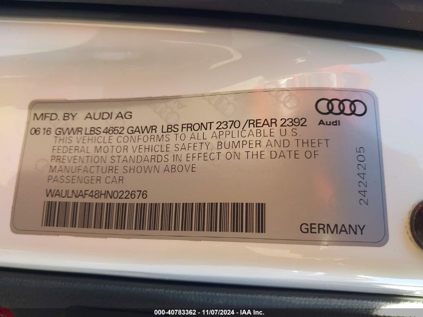 2017 Audi A4 2.0T Premium VIN: WAULNAF48HN022676 Lot: 40783362