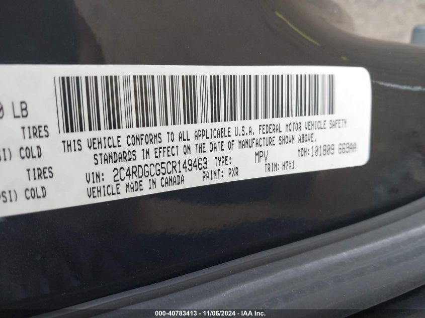 2012 Dodge Grand Caravan Sxt VIN: 2C4RDGCG5CR149463 Lot: 43389440