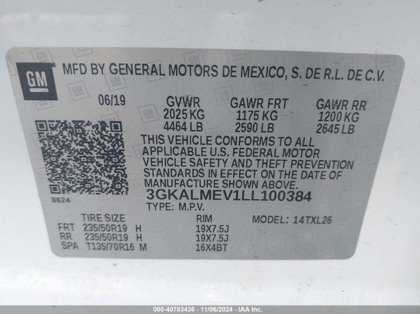 2020 GMC Terrain Fwd Sle VIN: 3GKALMEV1LL100384 Lot: 40783436