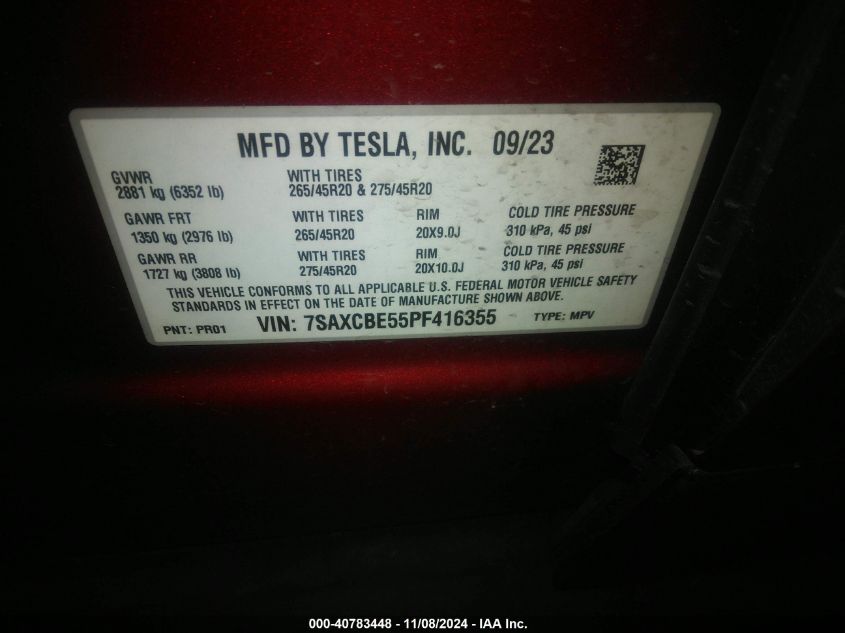 2023 Tesla Model X Dual Motor All-Wheel Drive/Standard Range VIN: 7SAXCBE55PF416355 Lot: 40783448