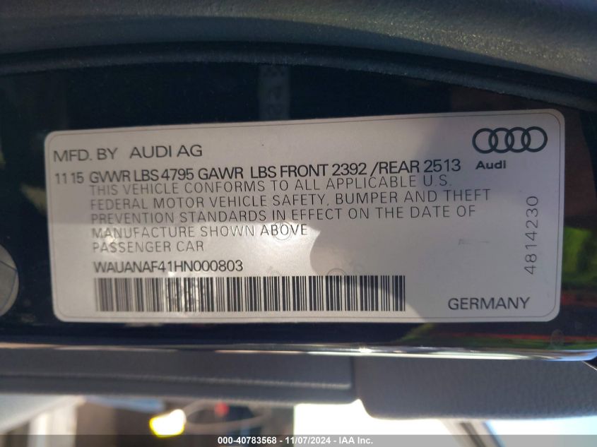 2017 Audi A4 2.0T Premium VIN: WAUANAF41HN000803 Lot: 40783568