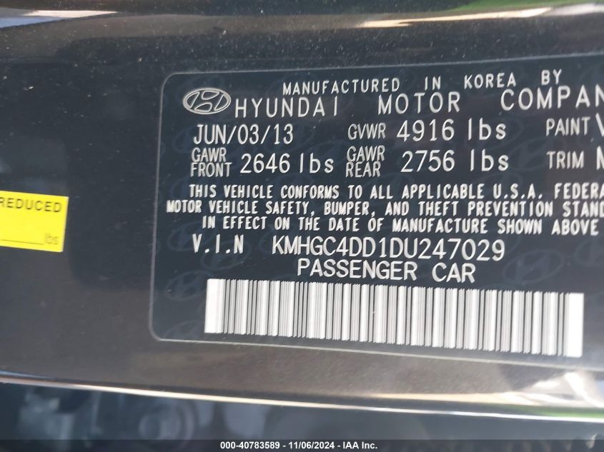 2013 Hyundai Genesis 3.8 VIN: KMHGC4DD1DU247029 Lot: 40783589