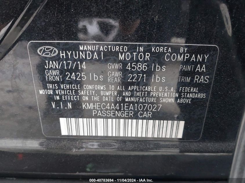 2014 Hyundai Sonata Hybrid Limited VIN: KMHEC4A41EA107027 Lot: 40783694