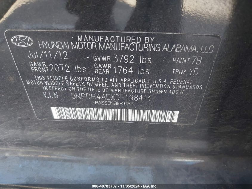 2013 Hyundai Elantra Gls VIN: 5NPDH4AEXDH198414 Lot: 40783787