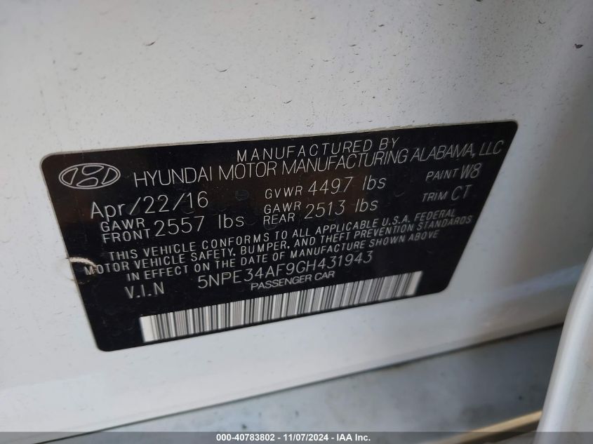 2016 HYUNDAI SONATA SPORT - 5NPE34AF9GH431943