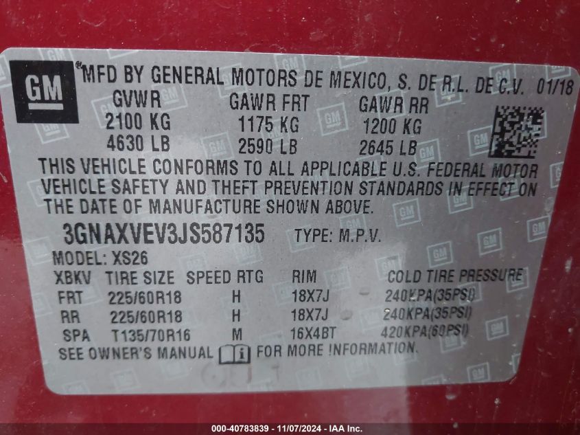 VIN 3GNAXVEV3JS587135 2018 CHEVROLET EQUINOX PREMIER