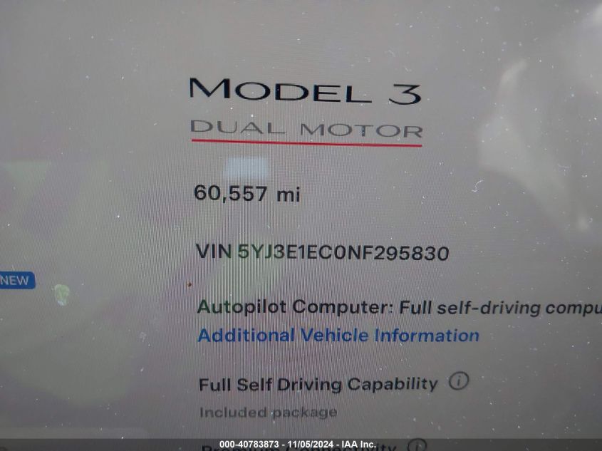 2022 Tesla Model 3 Performance Dual Motor All-Wheel Drive VIN: 5YJ3E1EC0NF295830 Lot: 40783873