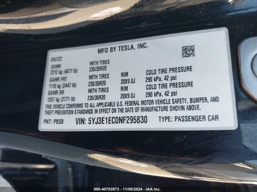 2022 Tesla Model 3 Performance Dual Motor All-Wheel Drive VIN: 5YJ3E1EC0NF295830 Lot: 40783873