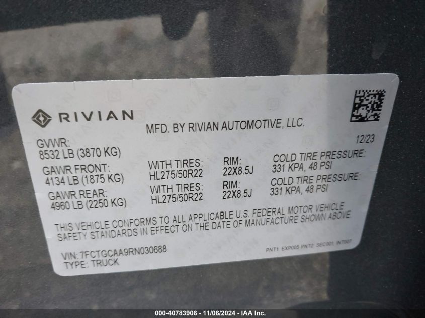 2024 Rivian R1T Adventure Dual Motor Max Pack/Adventure Dual Motor Perf Max Pack VIN: 7FCTGCAA9RN030688 Lot: 40783906