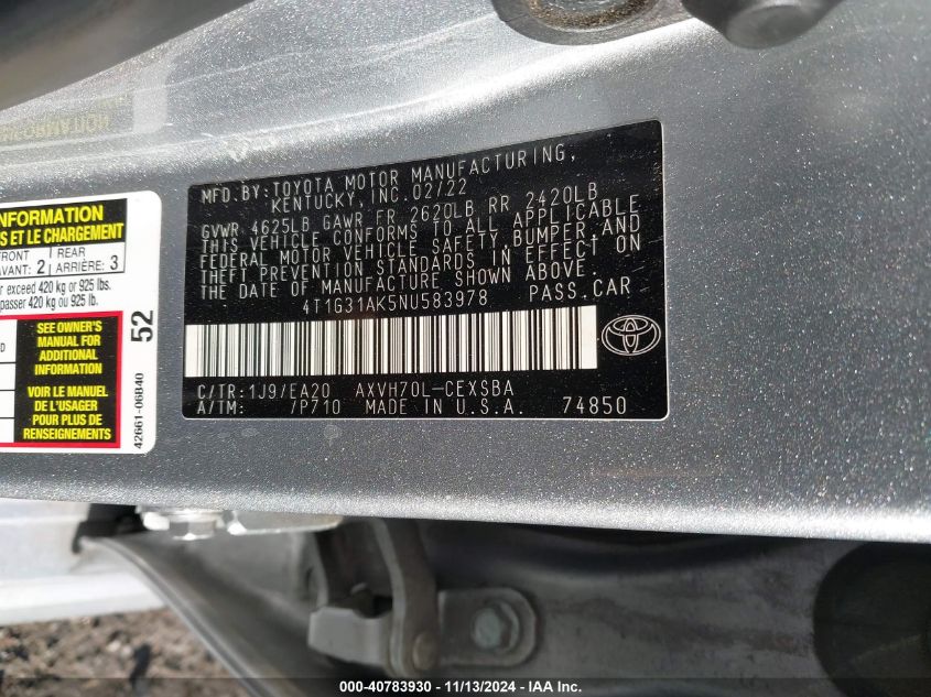 2022 Toyota Camry Se Hybrid VIN: 4T1G31AK5NU583978 Lot: 40783930