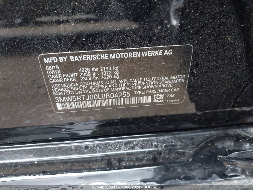 2020 BMW 330XI VIN: 3MW5R7J00L8B04255