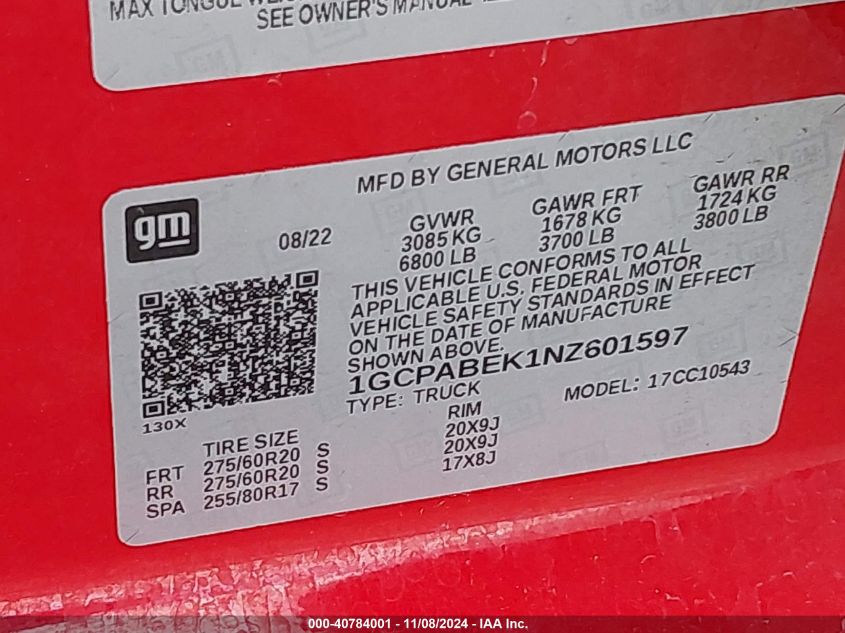 2022 CHEVROLET SILVERADO VIN: 1GCPABEK1NZ601597