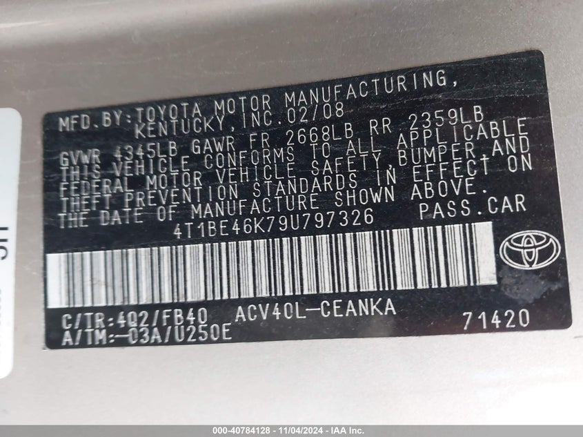 2009 Toyota Camry Le VIN: 4T1BE46K79U797326 Lot: 40784128