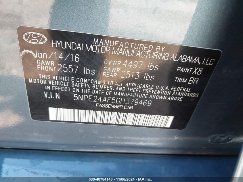 2016 Hyundai Sonata Se VIN: 5NPE24AF5GH379469 Lot: 40784143