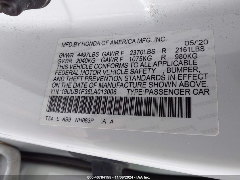 2020 Acura Tlx Standard VIN: 19UUB1F35LA013006 Lot: 40784155