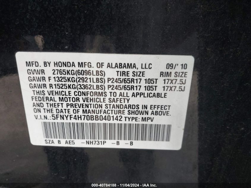 2011 Honda Pilot Ex-L VIN: 5FNYF4H70BB040142 Lot: 40784188