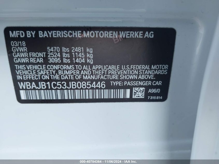 VIN WBAJB1C53JB085446 2018 BMW 5 Series, 530E Xdriv... no.9