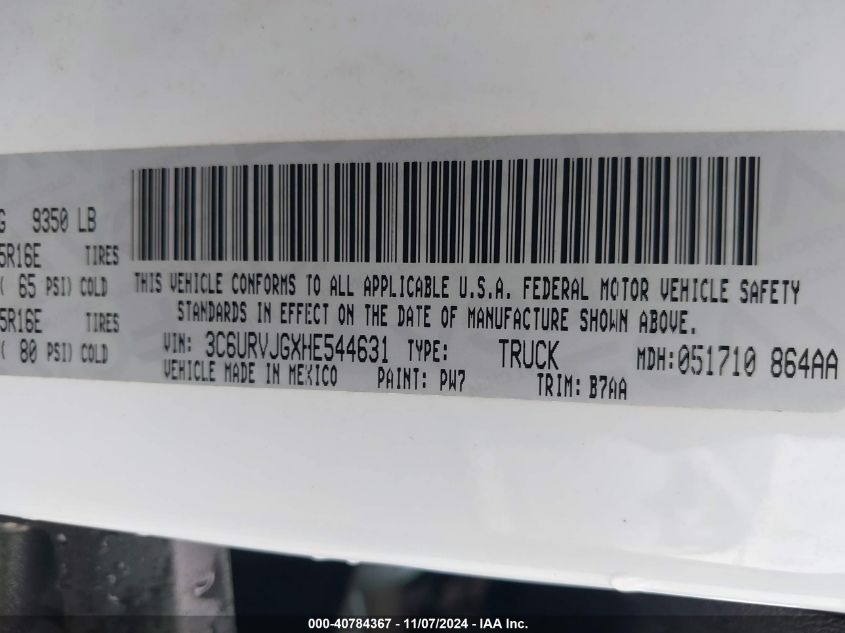 2017 Ram Promaster 3500 Cargo Van High Roof 159 Wb Ext VIN: 3C6URVJGXHE544631 Lot: 40784367