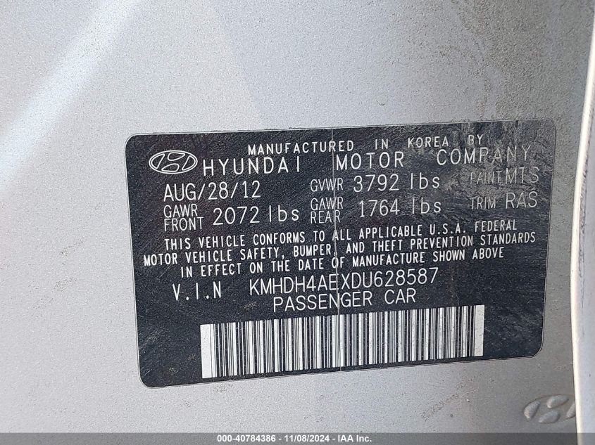 VIN KMHDH4AEXDU628587 2013 Hyundai Elantra, Gls no.9