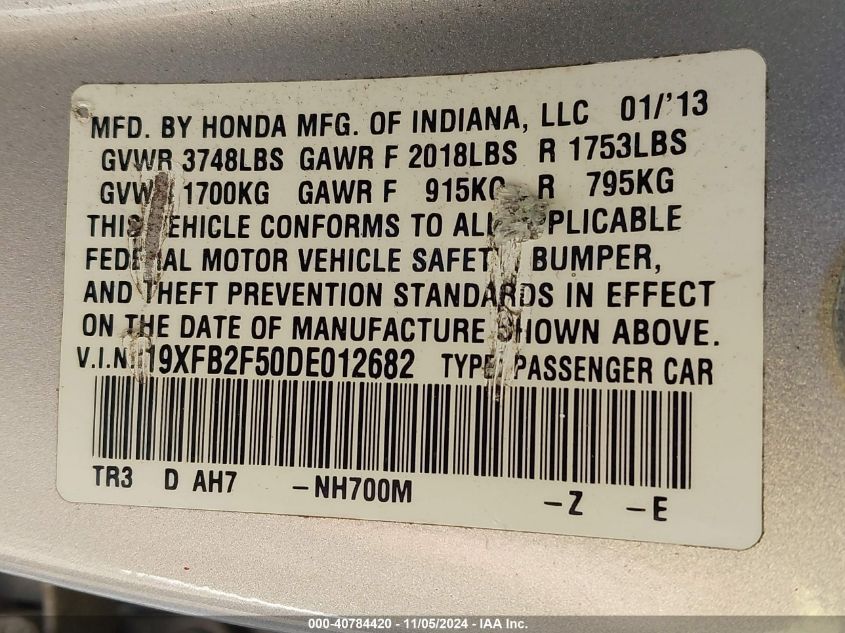 2013 Honda Civic Lx VIN: 19XFB2F50DE012682 Lot: 40784420