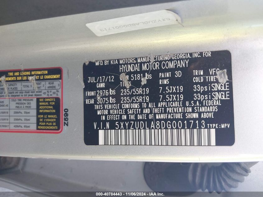 2013 Hyundai Santa Fe Sport 2.0T VIN: 5XYZUDLA8DG001713 Lot: 40784443