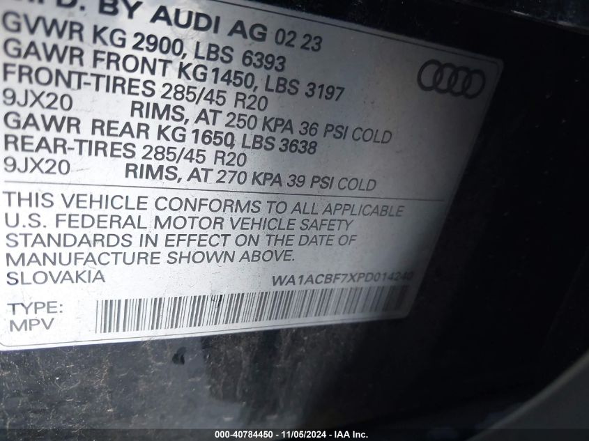 2023 Audi Q7 Premium 45 Tfsi Quattro Tiptronic VIN: WA1ACBF7XPD014240 Lot: 40784450