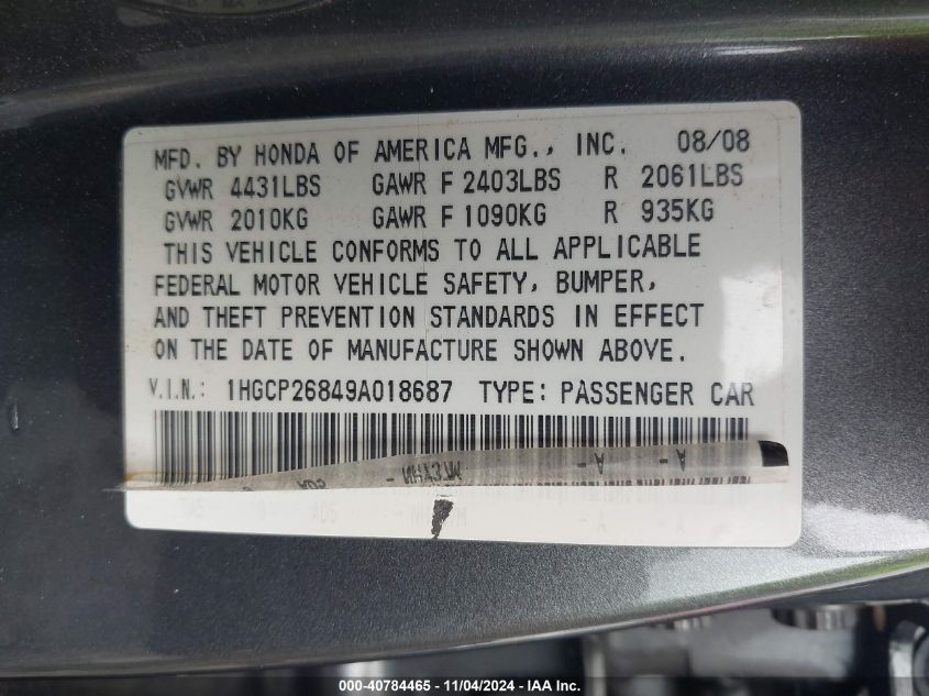 2009 Honda Accord 2.4 Ex-L VIN: 1HGCP26849A018687 Lot: 40784465